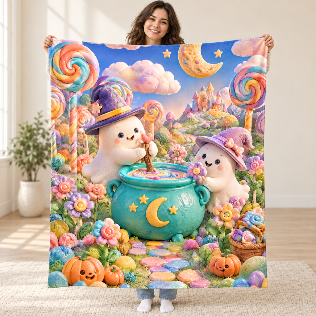 Lollipop Moon Garden blanket, held open