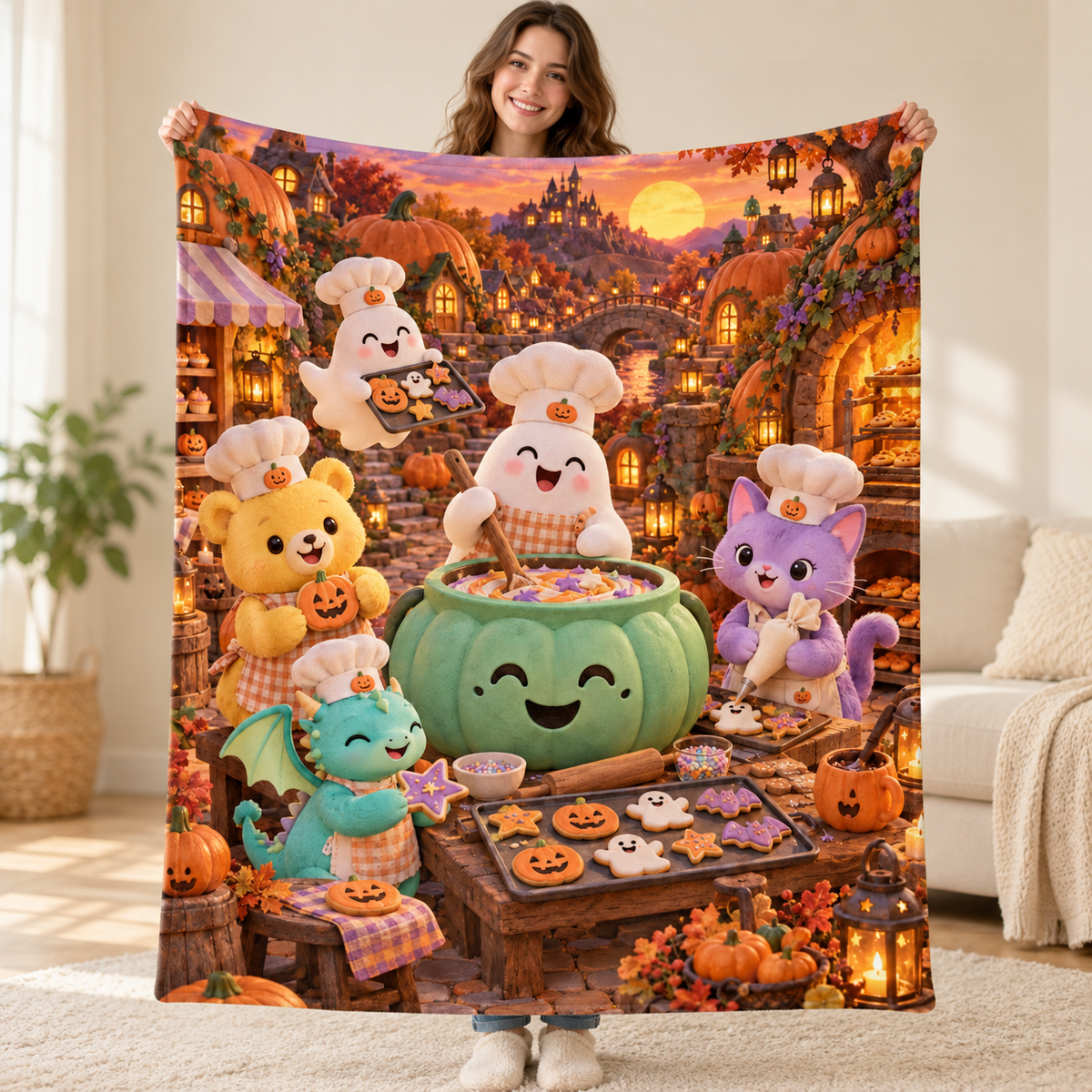 Pumpkin Sugar Bakery blanket, held open