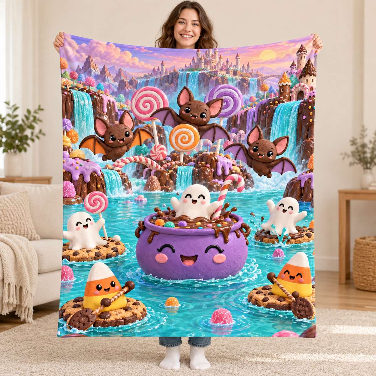Chocolate Bat Lagoon blanket, held open