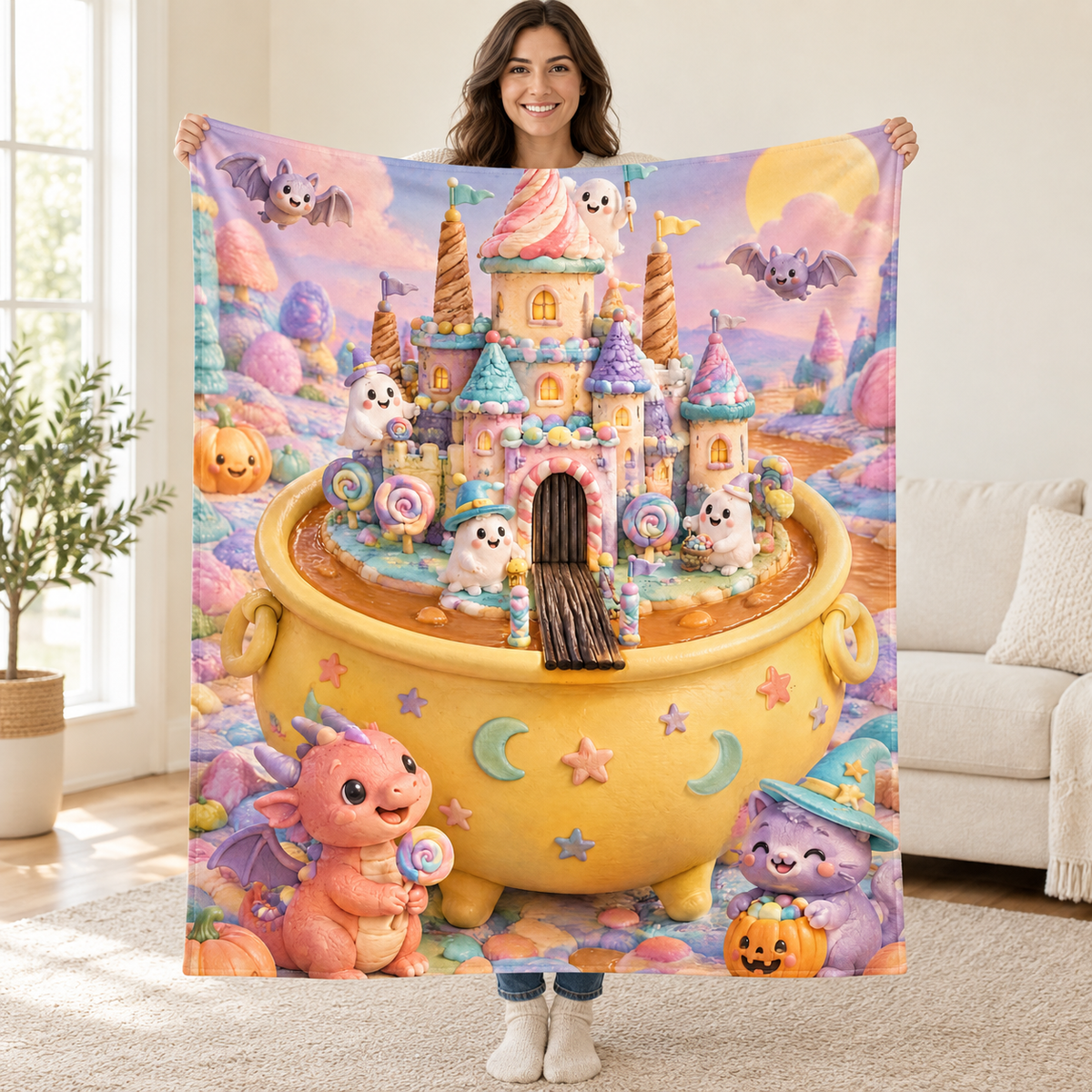 Candy Castle Cauldron blanket, held open