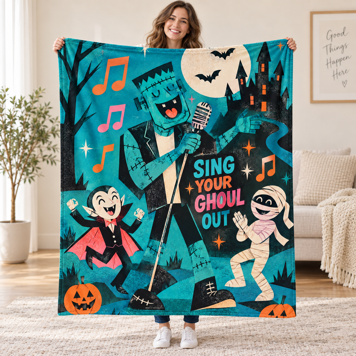 Creature Karaoke blanket, held open