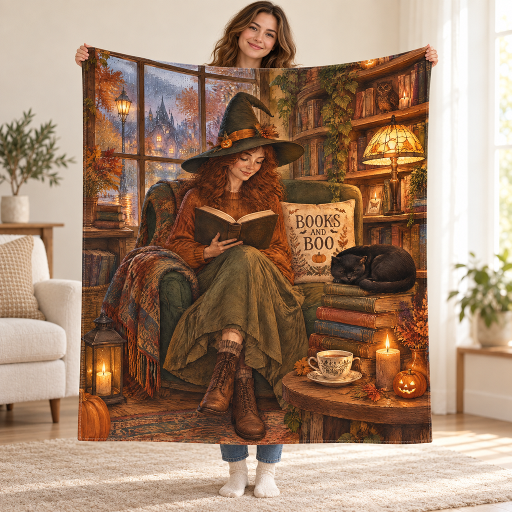 Cottage Bookshop Evening blanket, held open