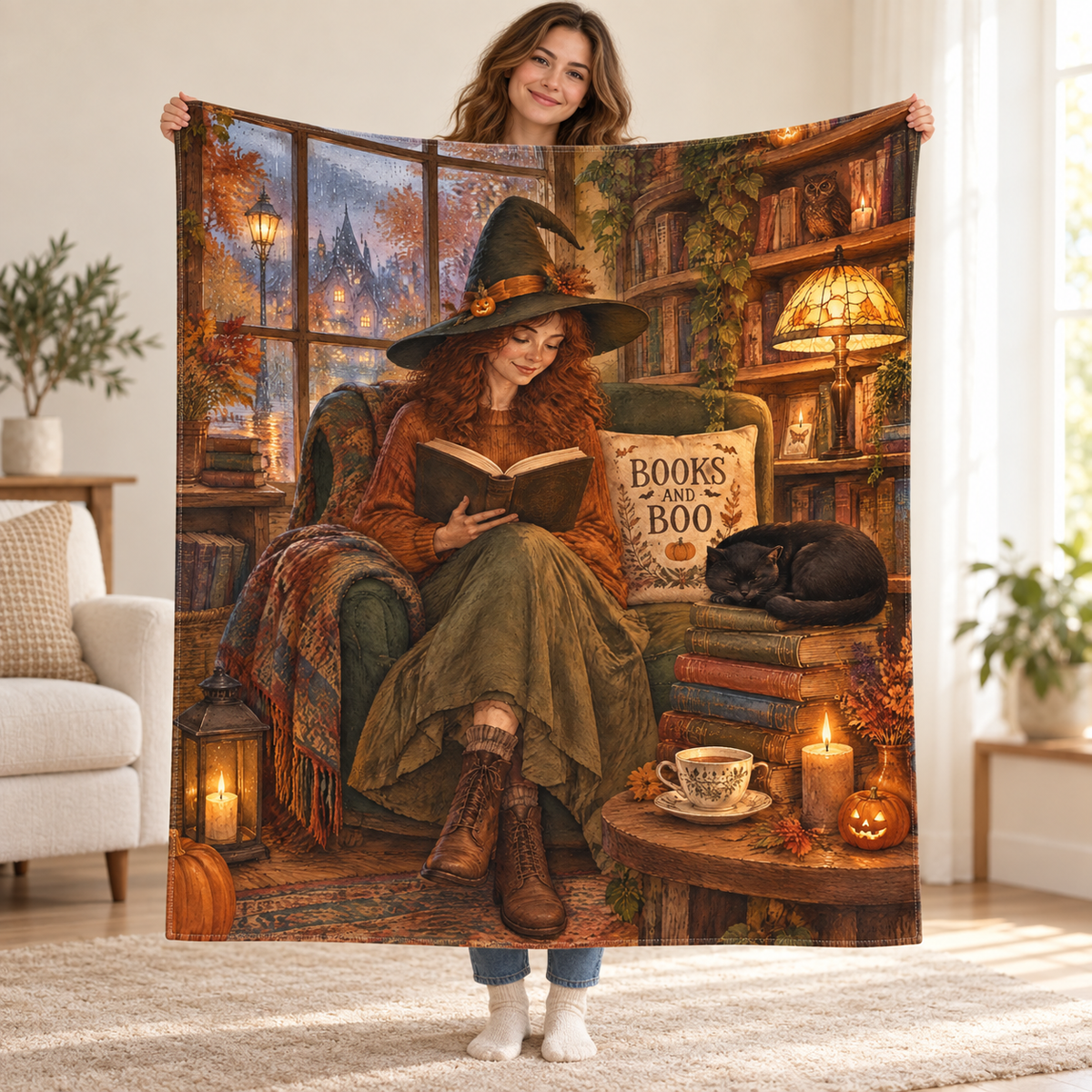 Cottage Bookshop Evening blanket, held open