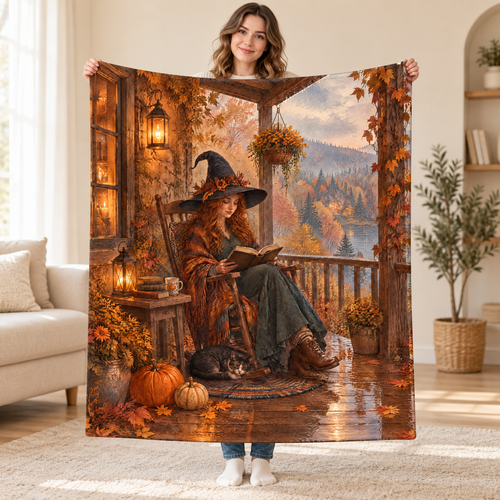 Autumn Porch Pages blanket, held open