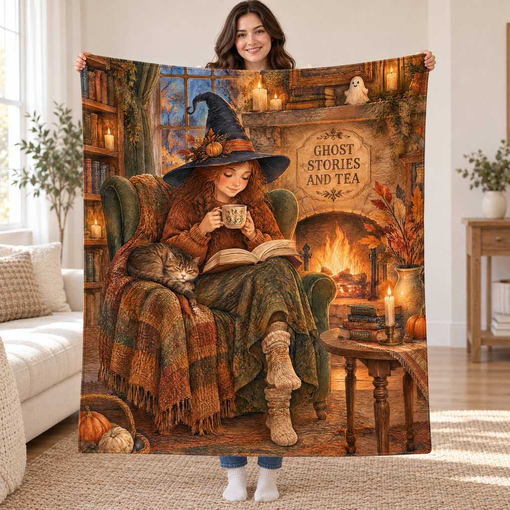Fireside Ghost Stories blanket, held open