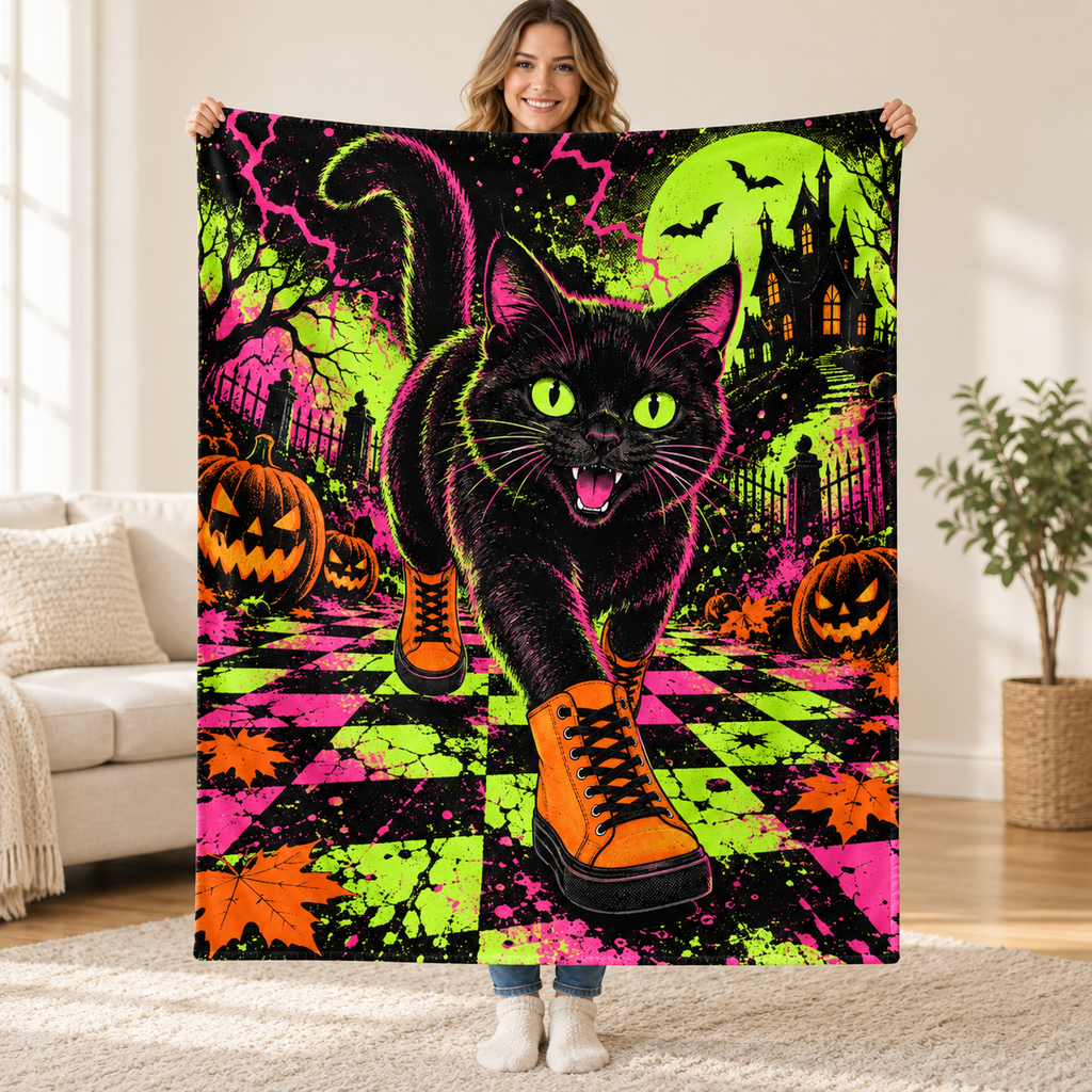 Black Cat Sneaker Club blanket, held open
