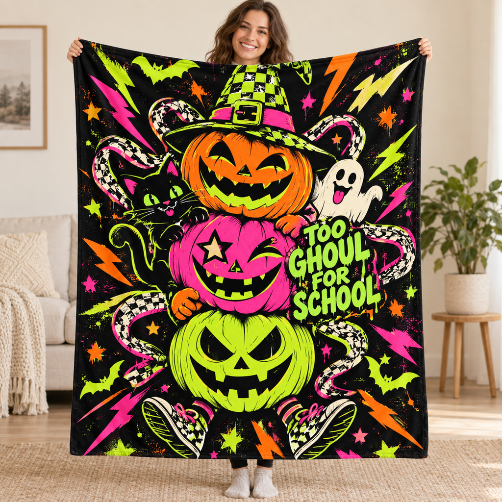 Pumpkin Lightning Riot blanket, held open