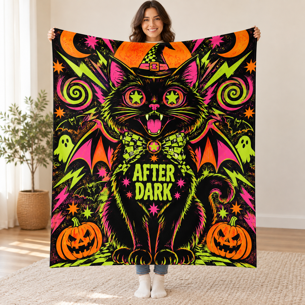 Midnight Cat Energy blanket, held open