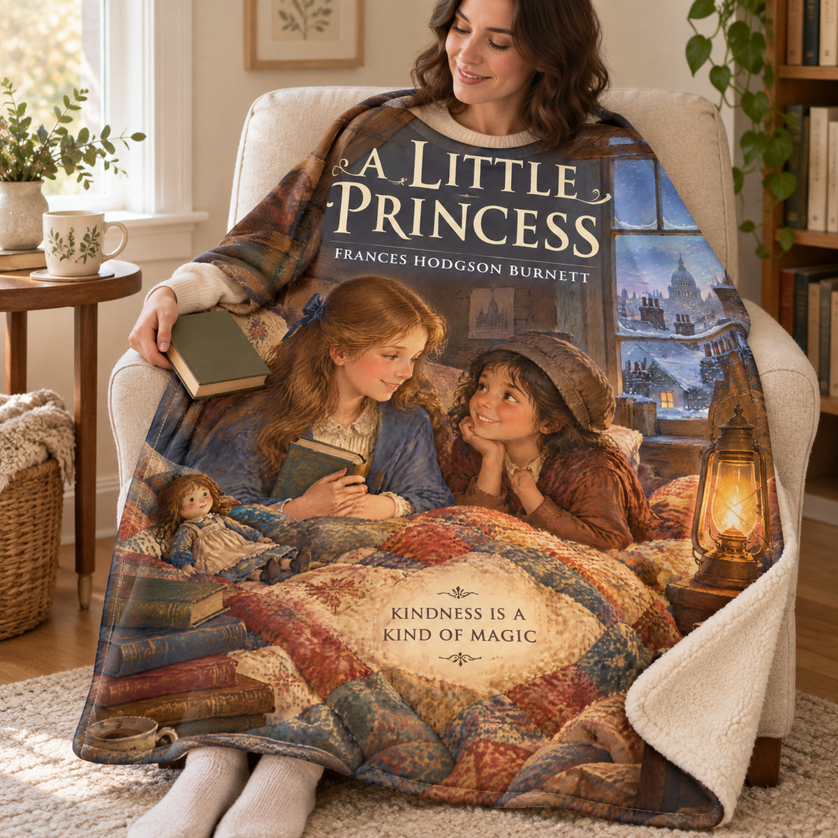 A Little Princess blanket, wrapped around a reader