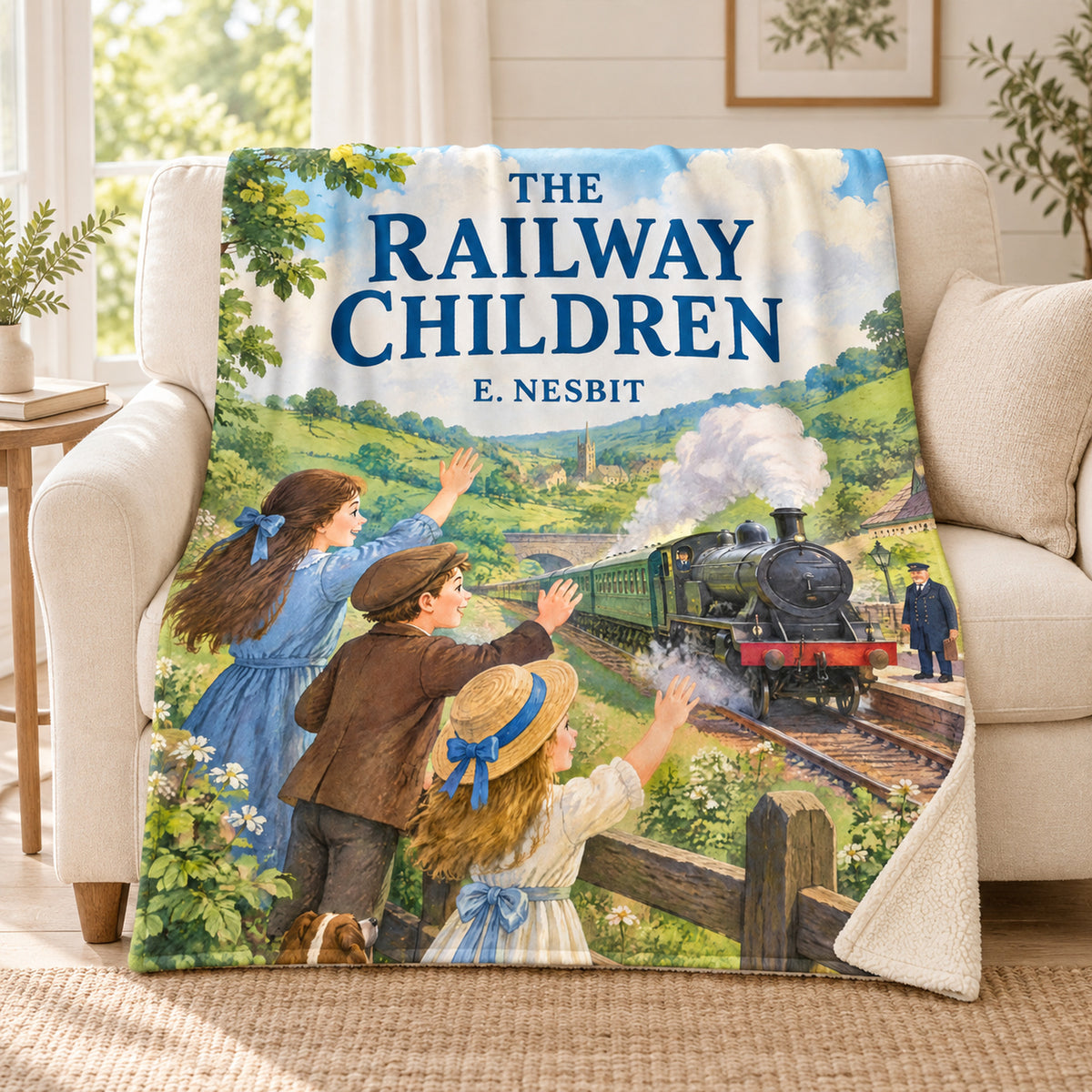 The Railway Children blanket, on a sofa