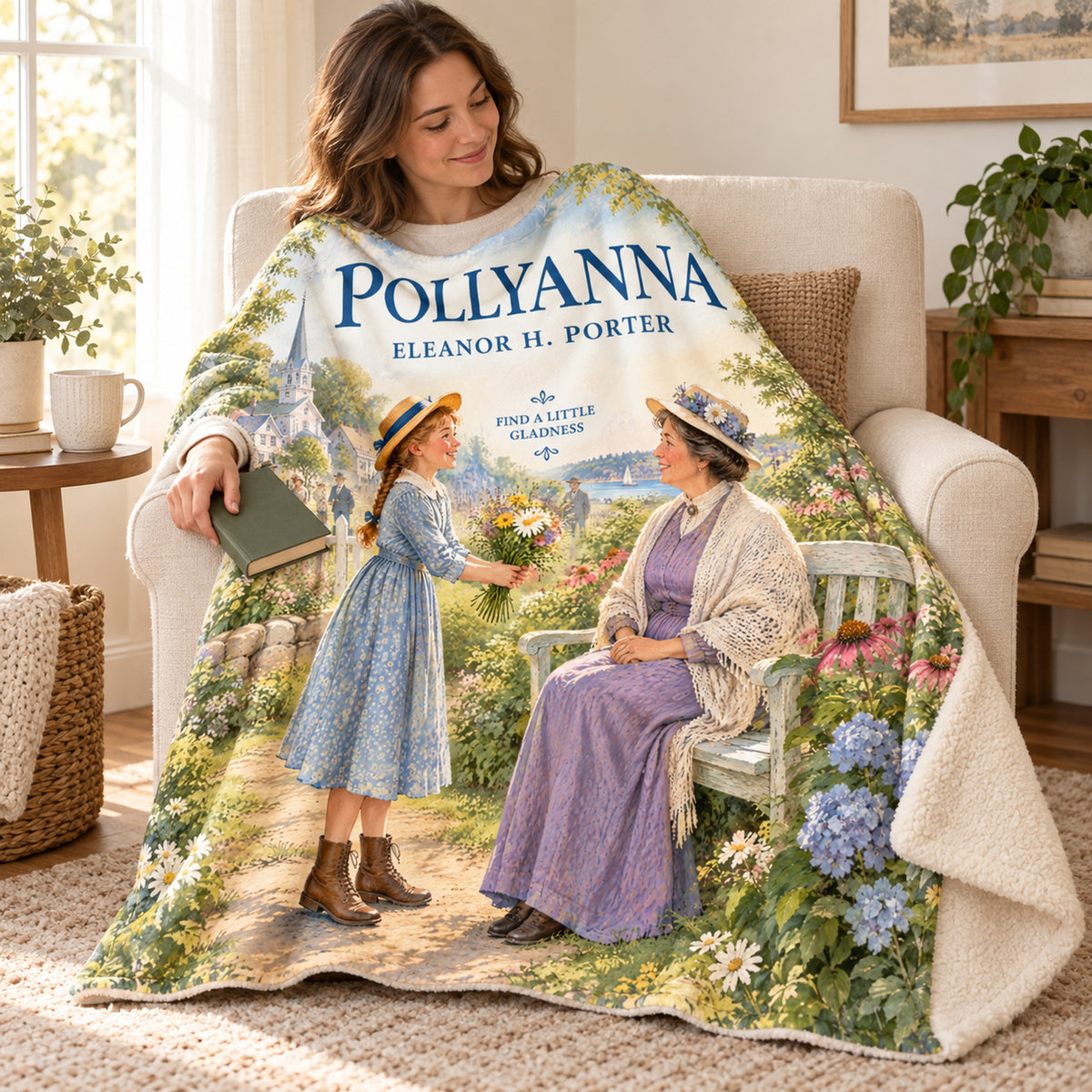 Pollyanna blanket, wrapped around a reader