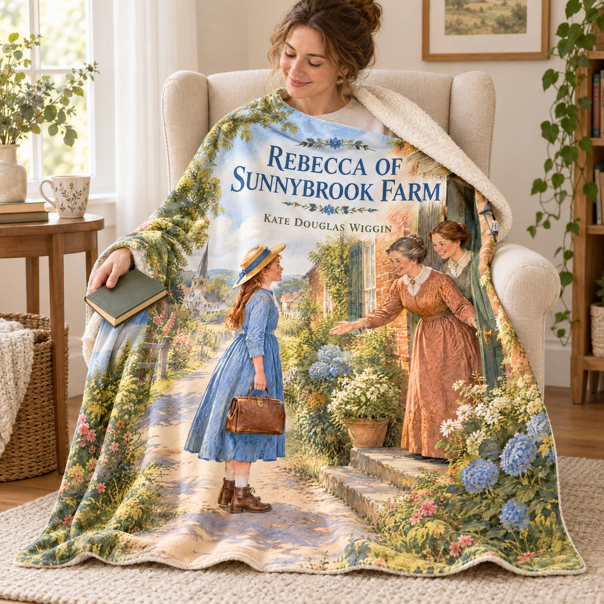 Rebecca of Sunnybrook Farm blanket, wrapped around a reader