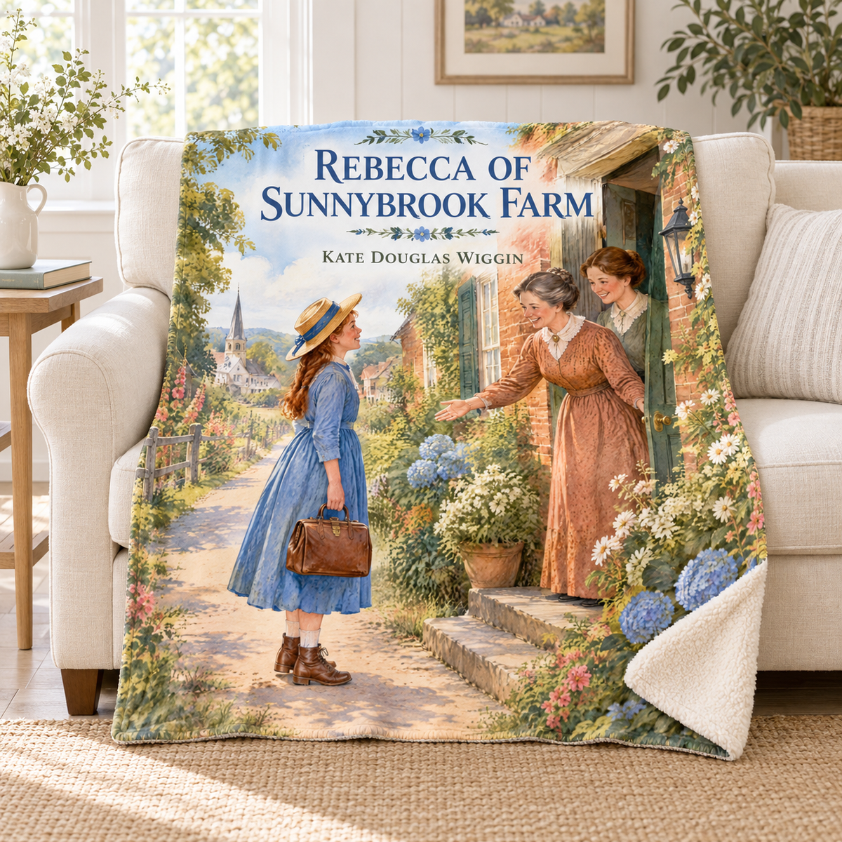 Rebecca of Sunnybrook Farm blanket, on a sofa