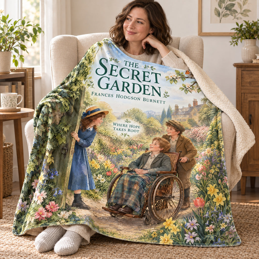 The Secret Garden blanket, wrapped around a reader