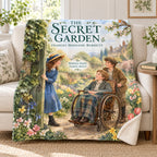 The Secret Garden blanket, on a sofa