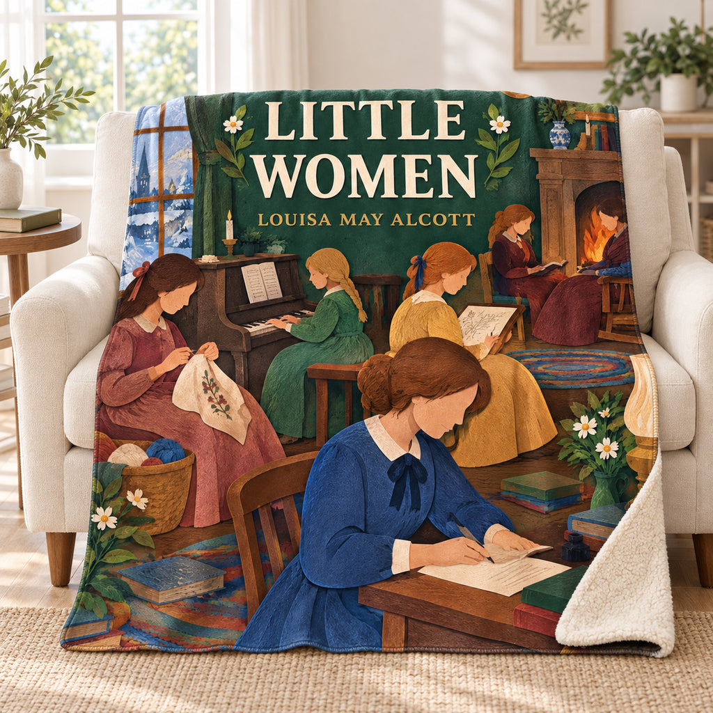 Little Women blanket, on a sofa