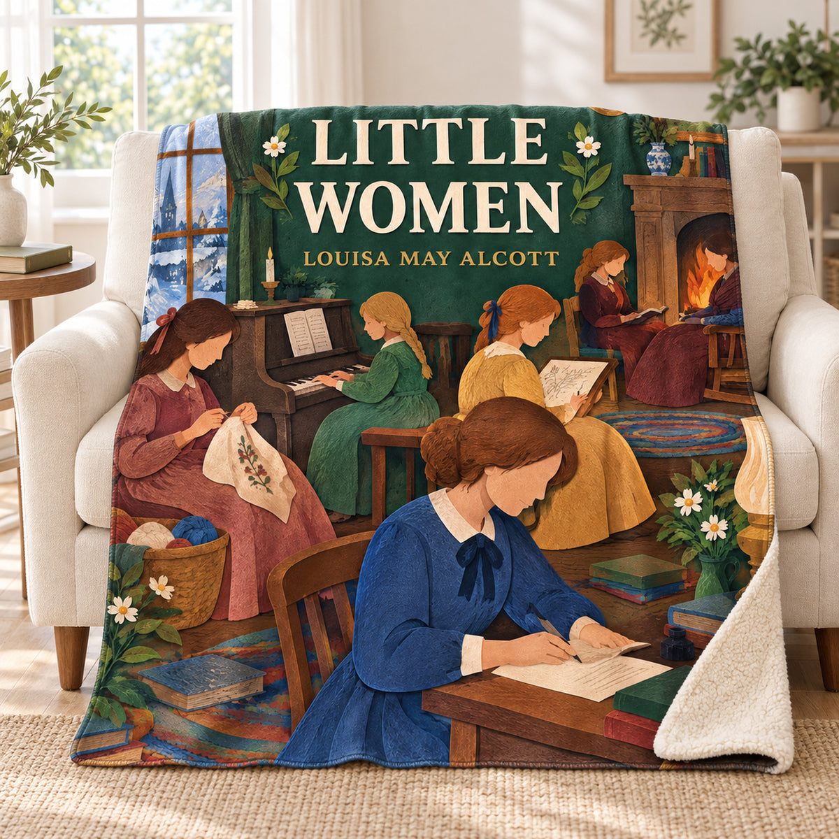 Little Women blanket, on a sofa