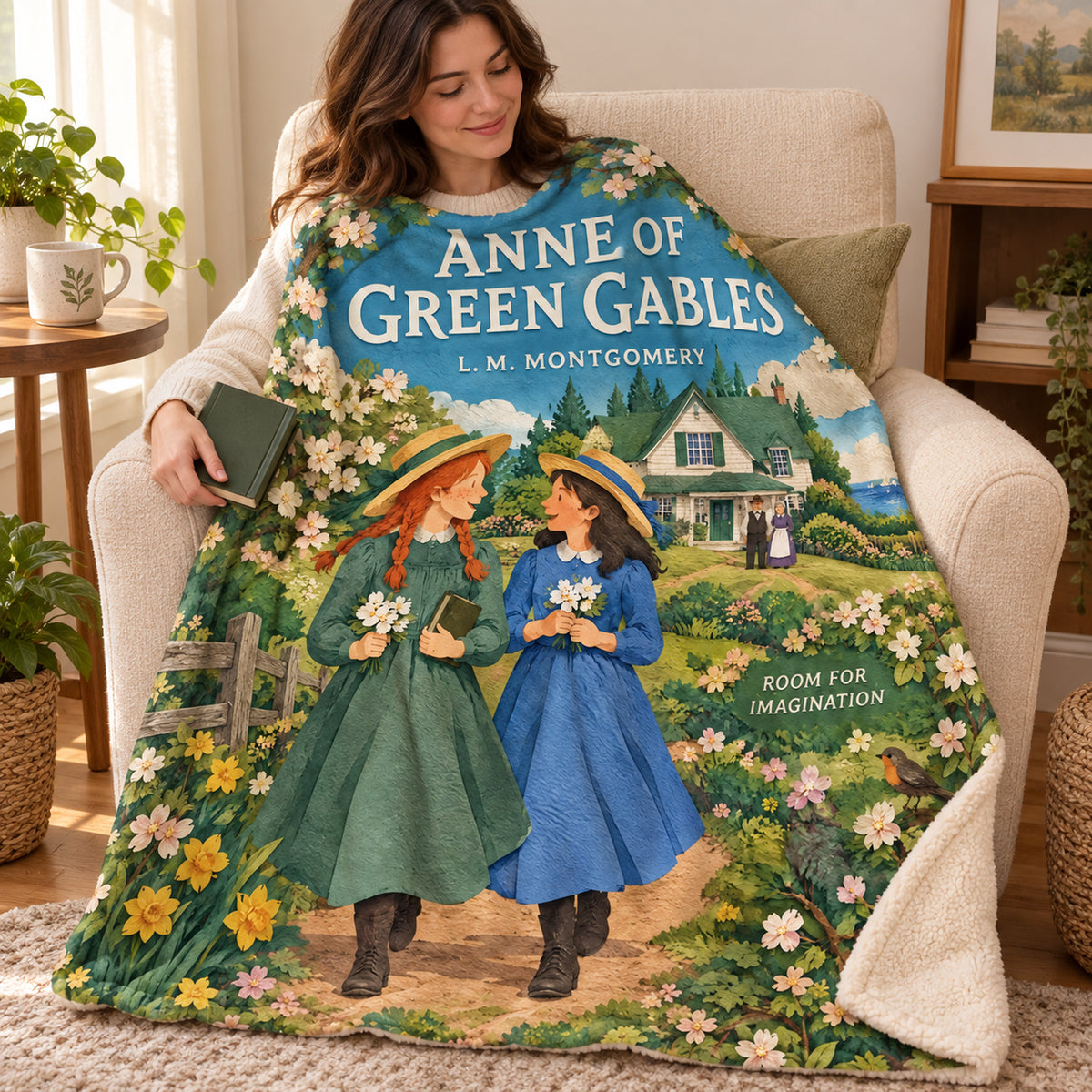 Anne of Green Gables blanket, wrapped around a reader