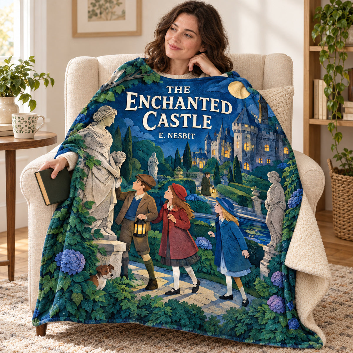 The Enchanted Castle blanket, wrapped around a reader
