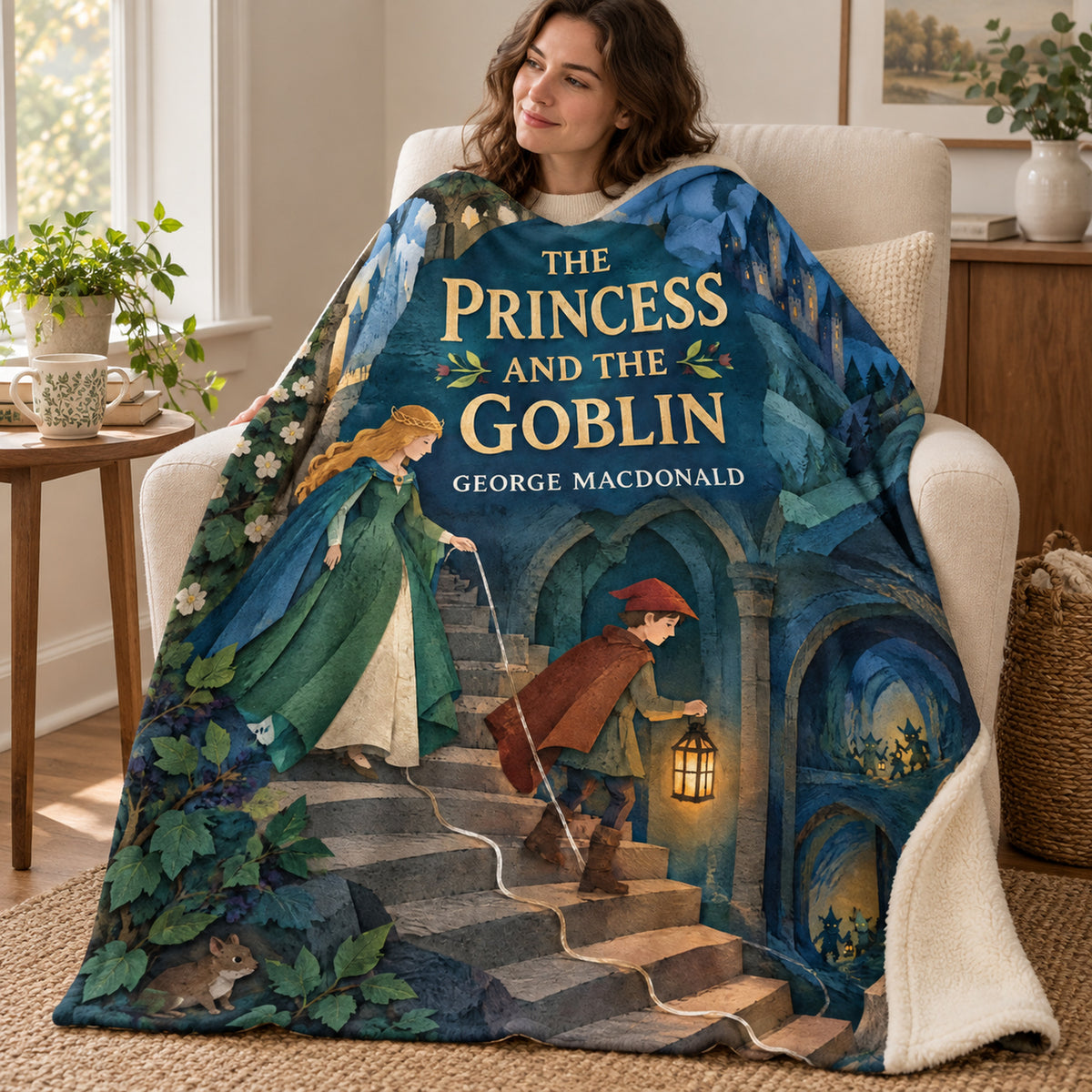 The Princess and the Goblin blanket, wrapped around a reader
