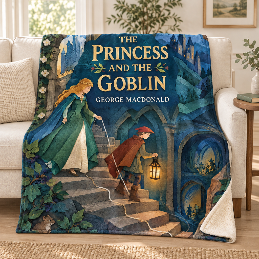 The Princess and the Goblin blanket, on a sofa