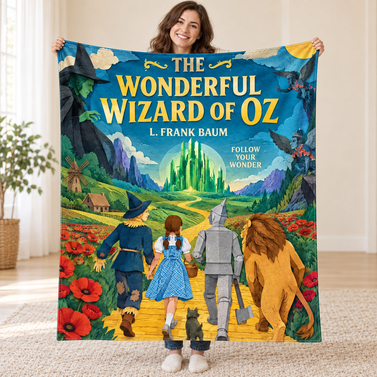 The Wonderful Wizard of Oz blanket, held open