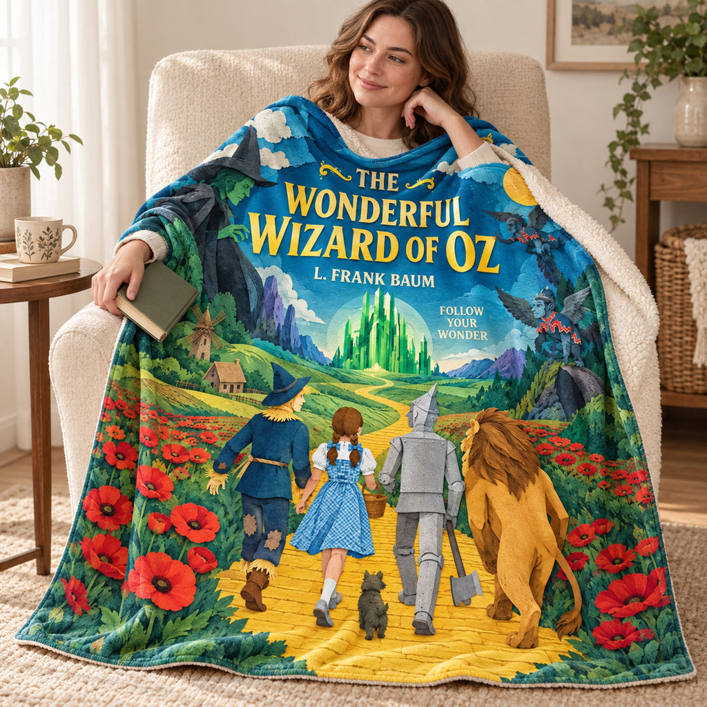 The Wonderful Wizard of Oz blanket, wrapped around a reader