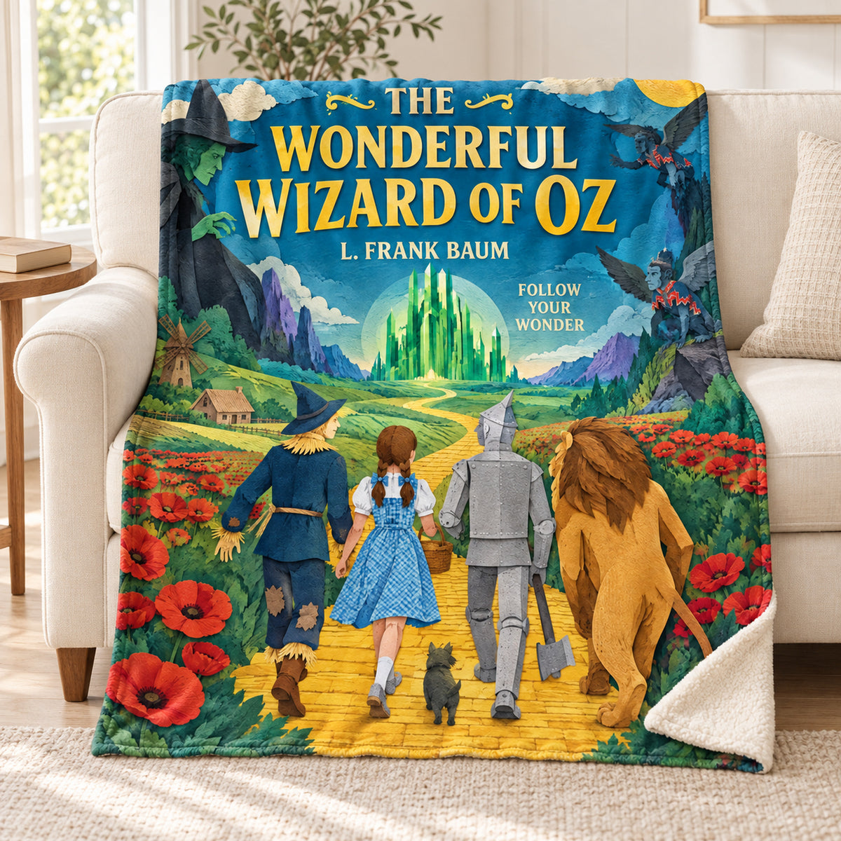 The Wonderful Wizard of Oz blanket, on a sofa