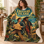 Treasure Island blanket, wrapped around a reader