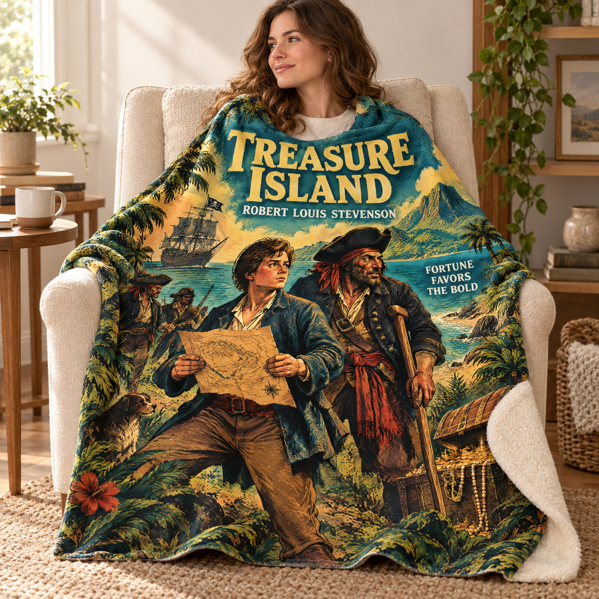 Treasure Island blanket, wrapped around a reader