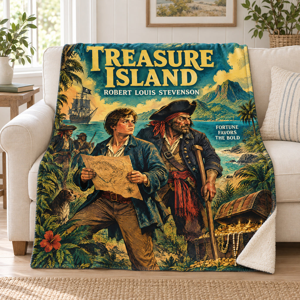 Treasure Island blanket, on a sofa