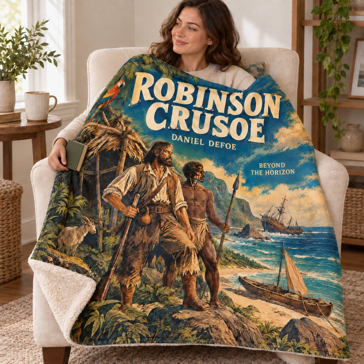 Robinson Crusoe blanket, wrapped around a reader