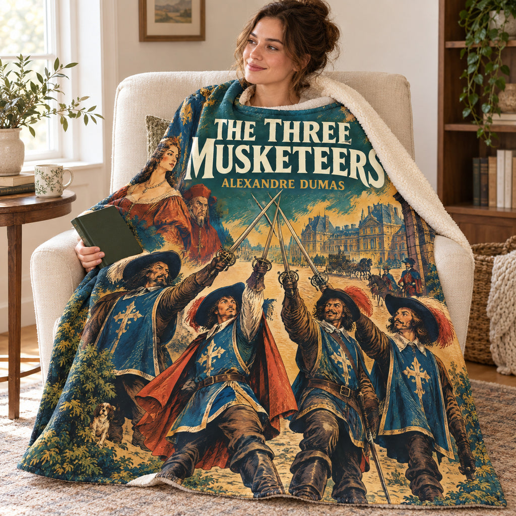The Three Musketeers blanket, wrapped around a reader