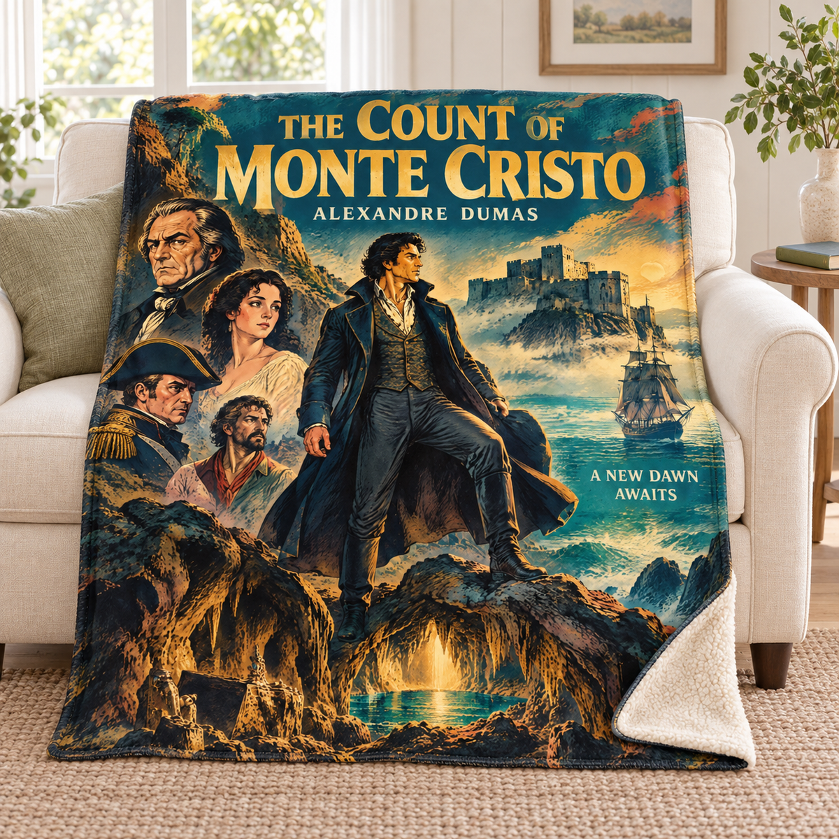 The Count of Monte Cristo blanket, on a sofa
