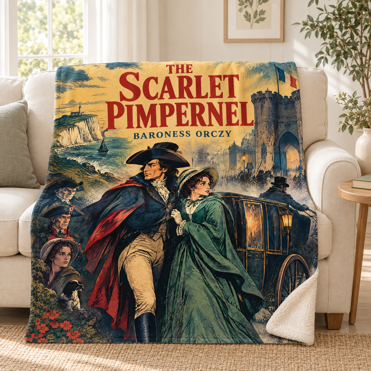 The Scarlet Pimpernel blanket, on a sofa