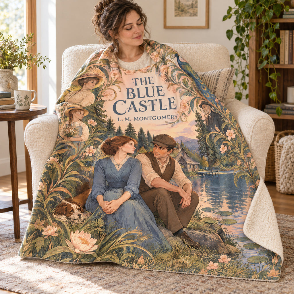 The Blue Castle blanket, wrapped around a reader