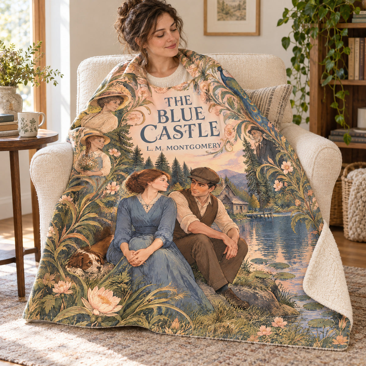 The Blue Castle blanket, wrapped around a reader