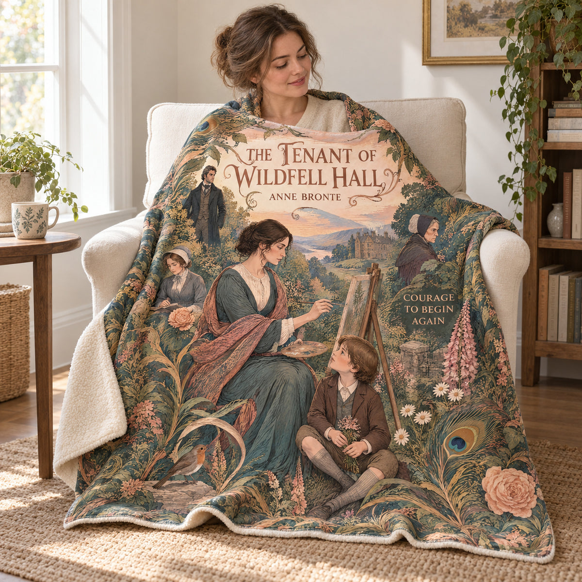 The Tenant of Wildfell Hall blanket, wrapped around a reader