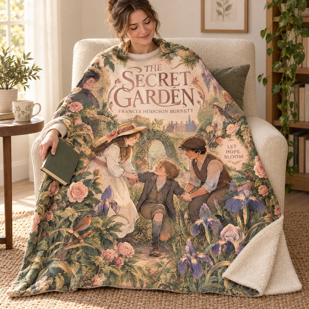 The Secret Garden blanket, wrapped around a reader