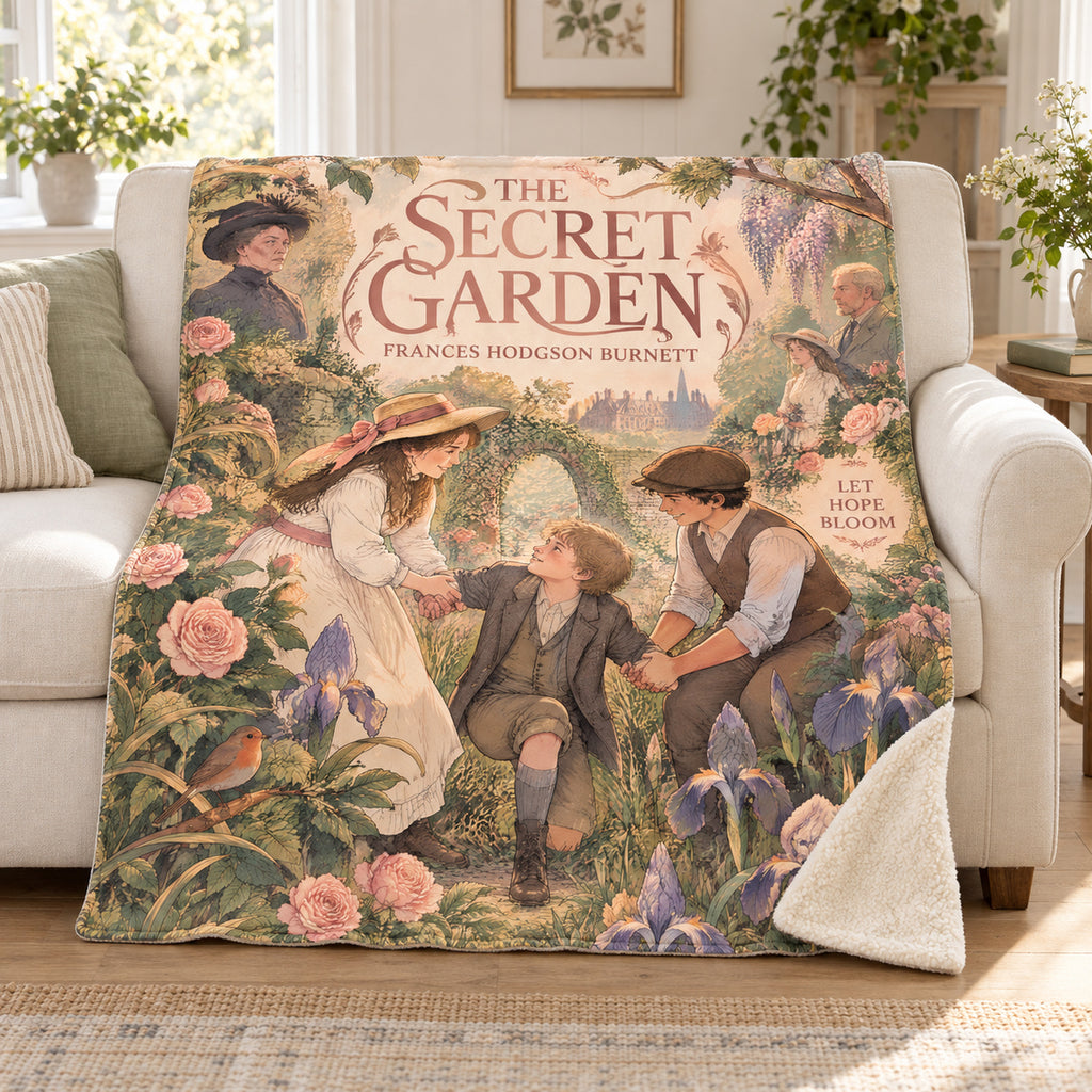 The Secret Garden blanket, on a sofa