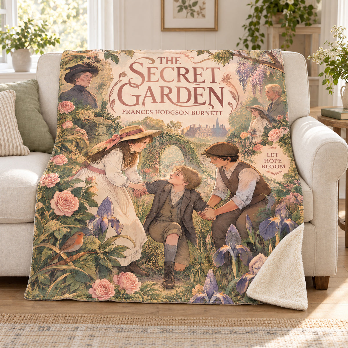 The Secret Garden blanket, on a sofa