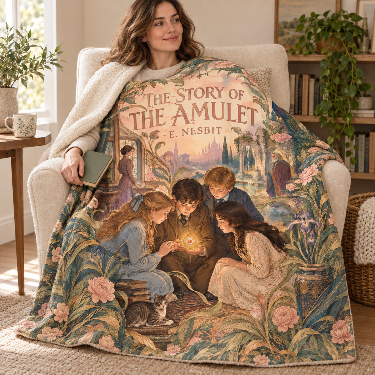 The Story of the Amulet blanket, wrapped around a reader