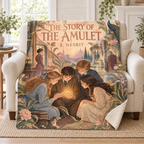 The Story of the Amulet blanket, on a sofa
