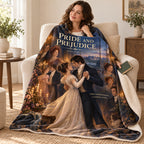 Pride and Prejudice blanket, wrapped around a reader