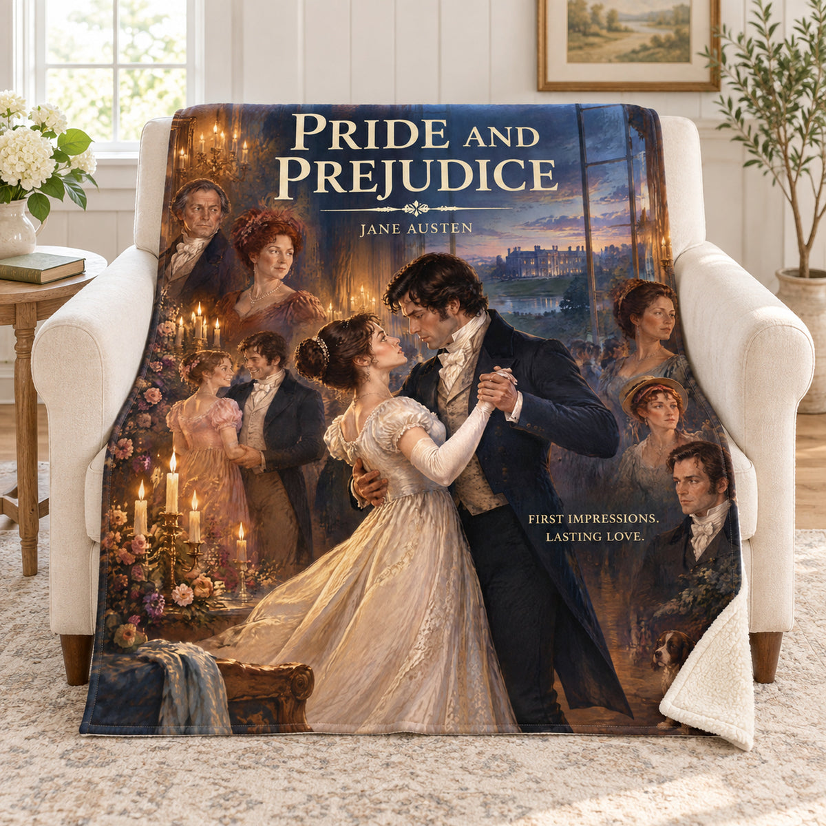 Pride and Prejudice blanket, on a sofa