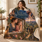 Sense and Sensibility blanket, wrapped around a reader