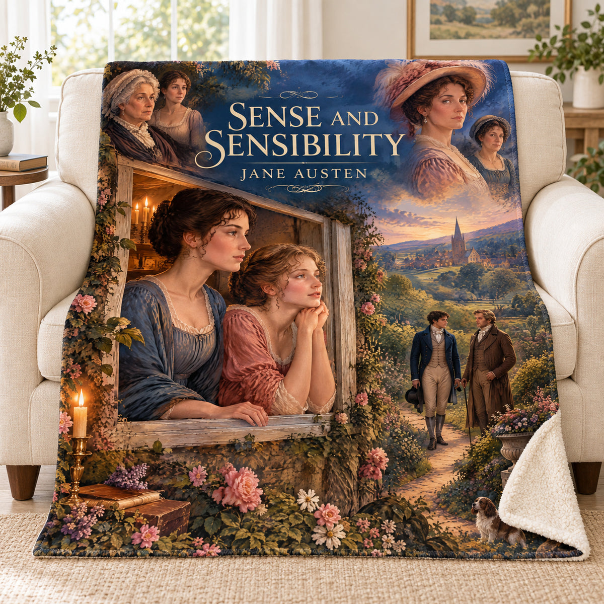 Sense and Sensibility blanket, on a sofa