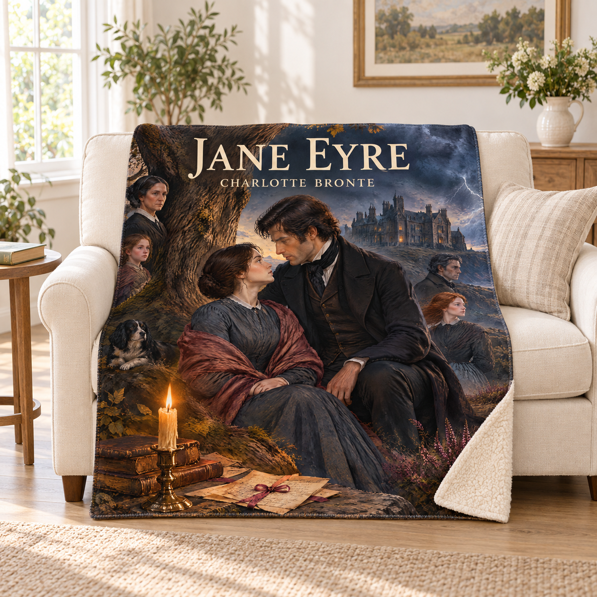 Jane Eyre blanket, on a sofa