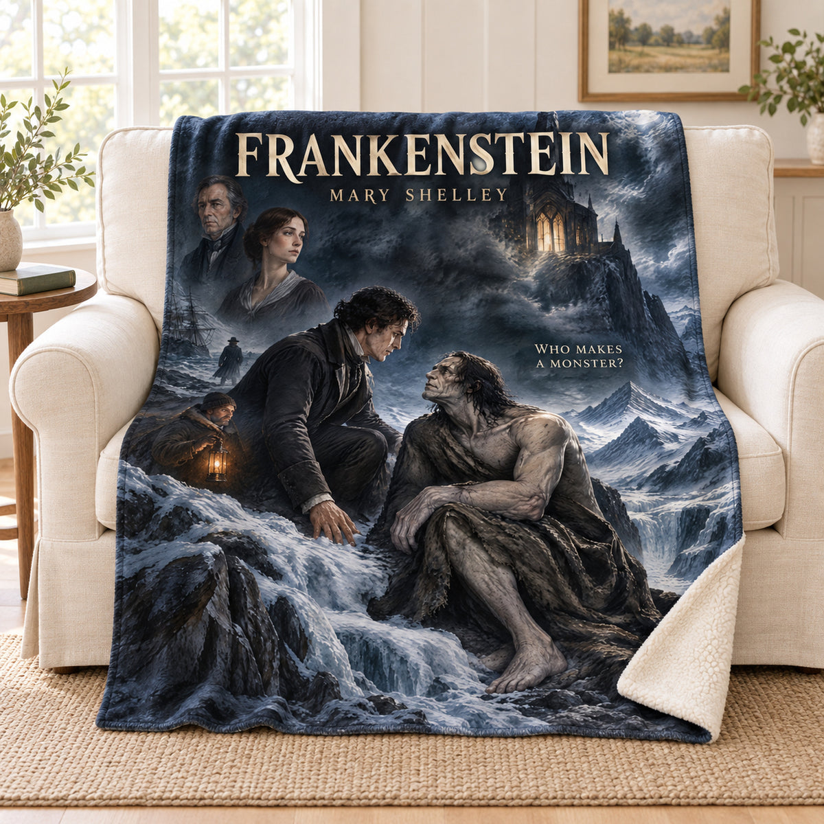 Frankenstein blanket, on a sofa