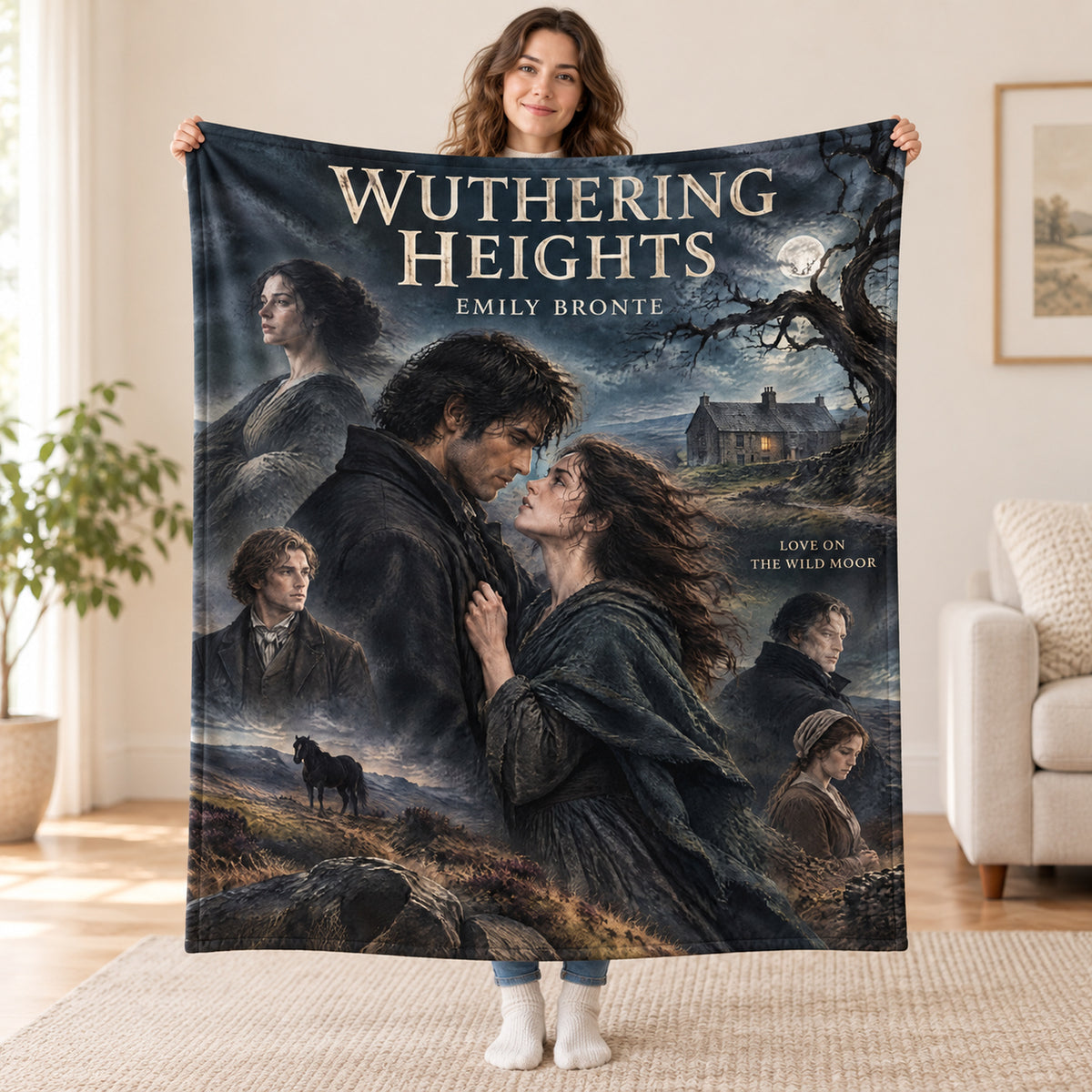 Wuthering Heights blanket, held open